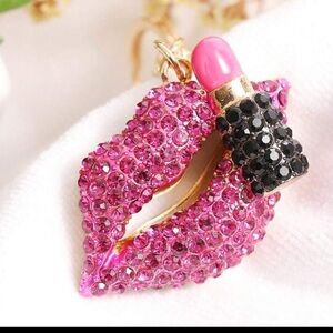 Pink rhinestone lips with lipstick bag charm